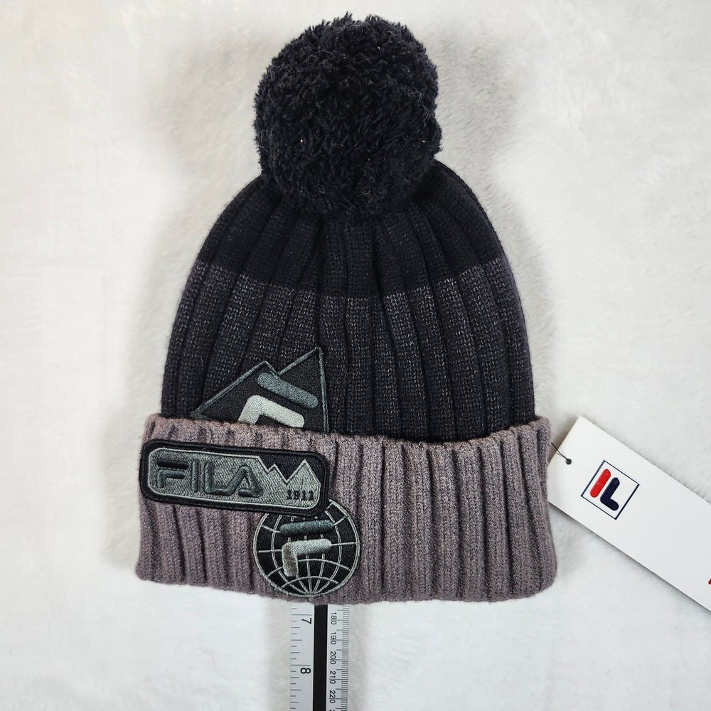 FILA Beanie Pom Pom Winter Hat Black Gray Ribbed‎ Embroidered Logo Unisex
